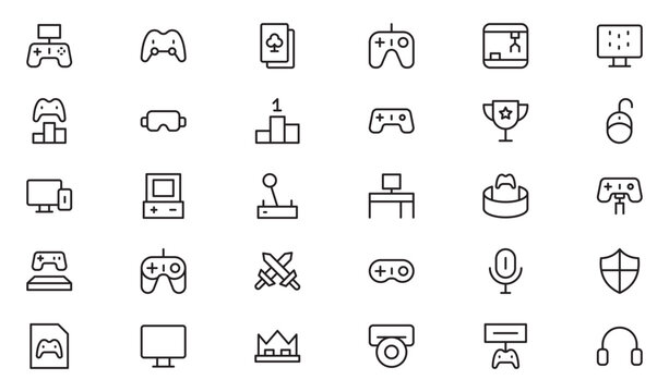 Gaming line icon set. Editable Stroke Icon Collection. Includes phone gaming, playstation, shop gaming, steer, store, and More. Outline icons vector collection.