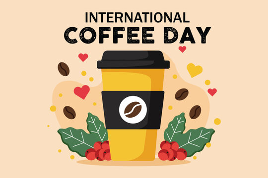 International Coffee Day Celebration with Yellow Disposable Cup and Decorative Elements on Beige Background