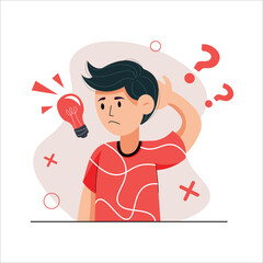 Confused Man with Lightbulb and Question Marks, Idea Concept Illustration