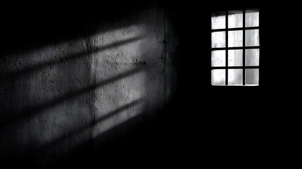 Shadows cast by a barred window on a dark wall.