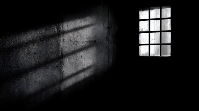 Shadows cast by a barred window on a dark wall.