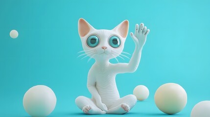 Fototapeta premium 3D render of a cartoonish, white cat sits meditating with outstretched arms against a blue background with spheres.