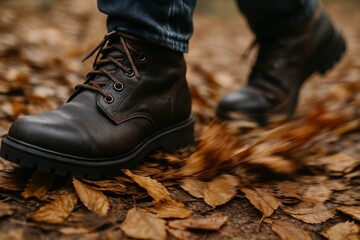 Close-up of rugged leather boots walking through autumn leaves on a forest trail—outdoor adventure and fall lifestyle.