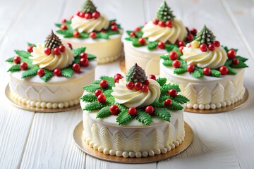 Elegant mini Christmas cakes with festive holly and pinecone decorations.