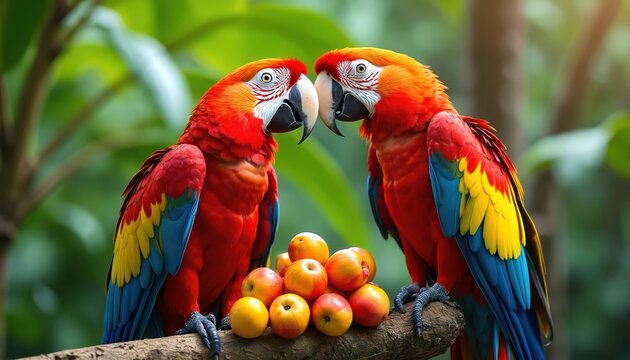 Two vibrant African parrots with red, yellow, blue plumage sit on branch, sharing fruits in green jungle. Bright colors stand out against dense foliage, creating stunning scene of wildlife in harmony.