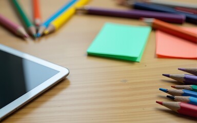 Colorful Pencils and Sticky Notes on Wooden Desk with Tablet. High quality