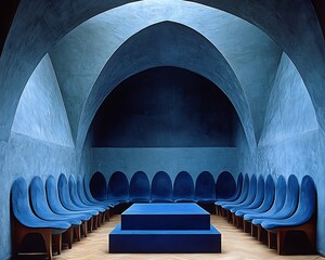 Deep blue architectural space with rows of sculpted chairs.