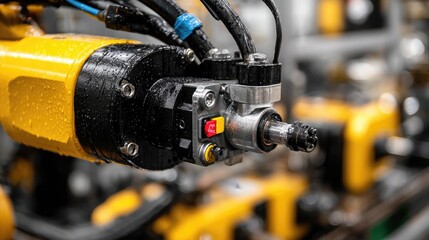 Close-up of factory robotic joint with sensors and hydraulic lines in sharp focus
