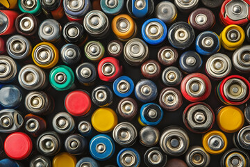 Top down view of a dense colorful arrangement of batteries for recycling awareness