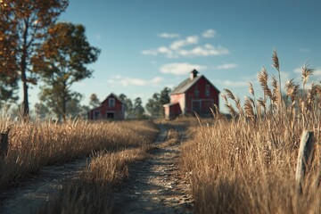 Rustic red barns on a dirt path, autumnal landscape