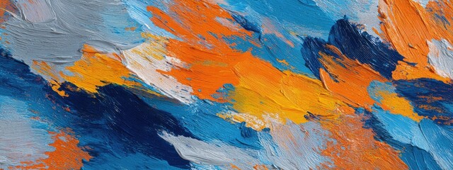 Abstract painting with bold strokes of vibrant orange, blue, and gray