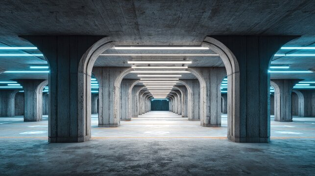 Covered parking structure with concrete pillars and organized parking bays under LED lights