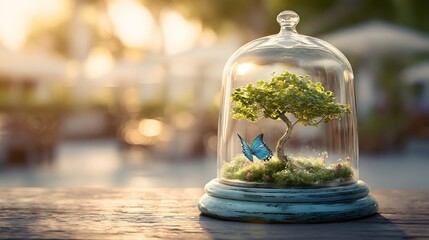 Miniature bonsai tree inside a glass dome, surrounded by nature.