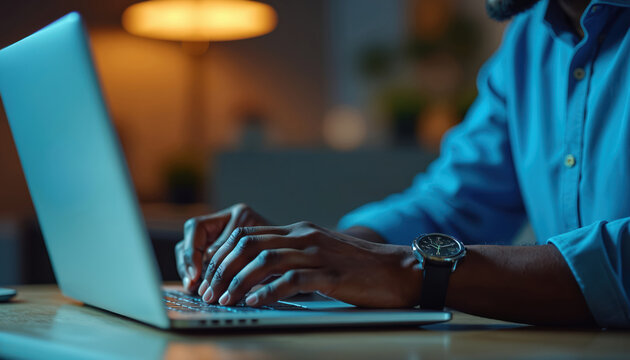 African American man types on laptop, focused on work at desk. Close-up of hands using computer keyboard, wearing watch. Pro typing, browsing cyberspace. Business, technology, information flow.