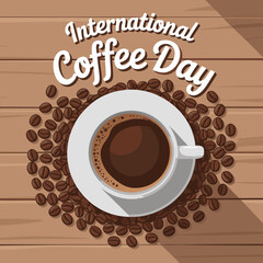 Celebrating international coffee day with a freshly brewed cup surrounded by roasted coffee beans on a wooden surface.