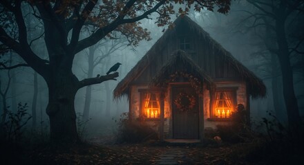 A mysterious cottage with a thatched roof and glowing candles in a dark, foggy forest. A raven perches on a gnarled tree, creating a spooky Halloween atmosphere.