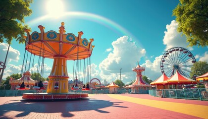 Vibrant amusement park scene with carousel swing ride, Ferris wheel under blue sky with rainbow. Colourful attractions offer funfair entertainment, festive summer holiday recreation, evoking