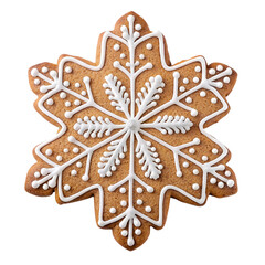 Snowflake Shaped Gingerbread Biscuit with Decorative White Icing on Black Background

