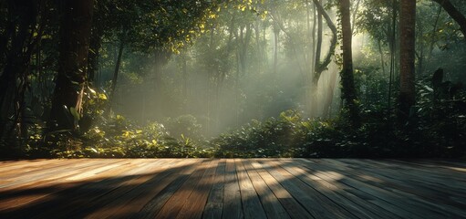 Wooden Deck Panorama under Layered Canopy with Beam-Patterned Moss Floor in Serene Jungle for Ecotourism Infrastructure