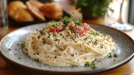 Creamy pasta dish with parmesan cheese and herbs, served on a rustic plate.