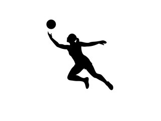 Female Netball Player in Mid-Air Catch and Silhouetted Female Volleyball Player in Action