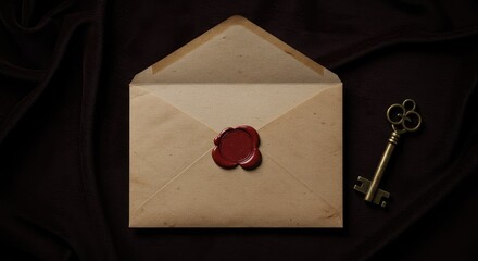 Vintage Envelope Sealed with Red Wax and Antique Key on Dark Velvet Background