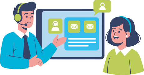 Friendly customer service agent with headset assisting a woman with her online account on a tablet screen.