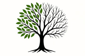 Fototapeta premium Dual-season tree illustration with green leaves and bare branches, symbolizing change, balance, sustainability, and renewal.