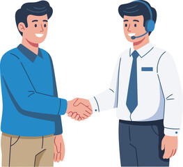 Fototapeta premium A friendly customer service agent with a headset shaking hands with a smiling male client.