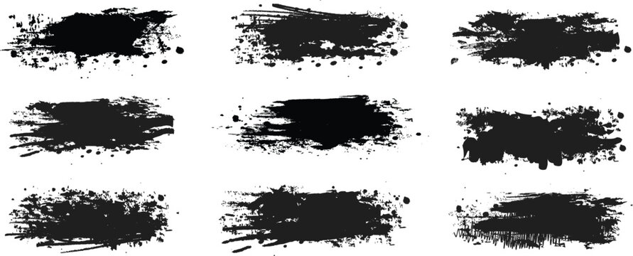 Ink brush, brush strokes, brushes, lines, grungy rough paint line texture in dirty style. Ink stencils for graphic design, text fields, background and texture. Black dried paint splattered vector 