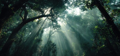 Zenith Forest Canopy with Radiating Sunrays Downward Through Vines and Broad Leaves for Biophilic Architecture Guide