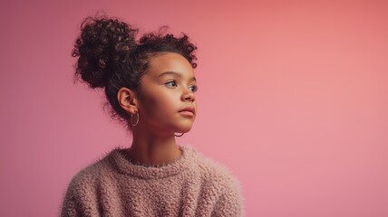 Girl in pink sweater looking thoughtfully to the side