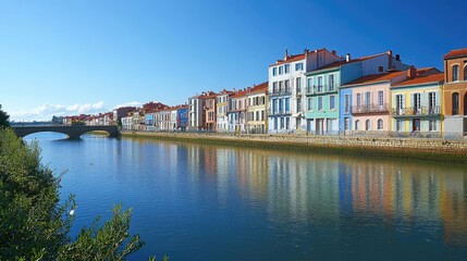 Naklejka premium Colorful waterfront houses reflected in a calm river.