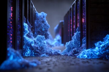 Cloud computing visualization in a server room, with data flowing as glowing blue particles, depicting high-tech digital storage and processing.