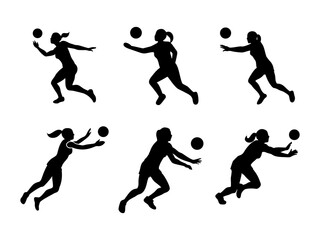 A collection of black silhouettes of women playing volleyball, showcasing various action poses such as jumping, running, and reaching for the ball.