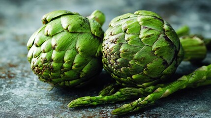 Obraz premium Artichokes and asparagus displayed elegantly on a stone-textured backdrop