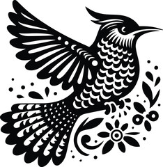 Obraz premium Stylized Black and White Bird with Floral Elements