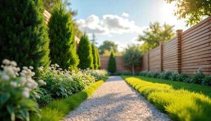 Fototapeta premium Sunlit garden path lined with manicured green grass, cypress trees, blooming white flowers. Modern wooden privacy fence borders serene landscape. Gravel walkway leads through peaceful, well-designed
