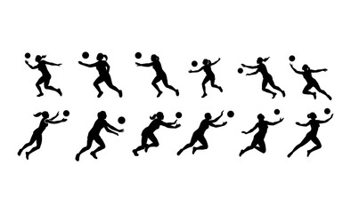 A collection of black silhouettes of women playing volleyball, showcasing various action poses such as jumping, running, and reaching for the ball.