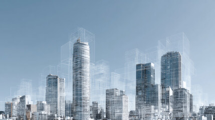 Modern city skyline with transparent building outlines in daylight