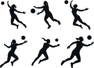 A collection of black silhouettes of women playing volleyball, showcasing various action poses such as jumping, running, and reaching for the ball.
