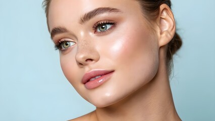 Fototapeta premium Close-up portrait of a young woman with flawless skin and subtle makeup, showcasing natural beauty.