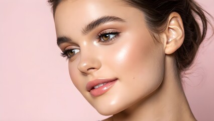 Fototapeta premium A beautiful woman with flawless skin and expertly applied makeup poses, showcasing radiant complexion.