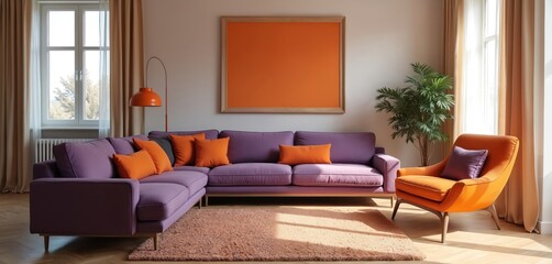 Modern living room features purple sectional sofa, orange armchair. Large orange framed picture hangs above sofa. Natural light streams through window, illuminating room cozy ambiance, wooden parquet