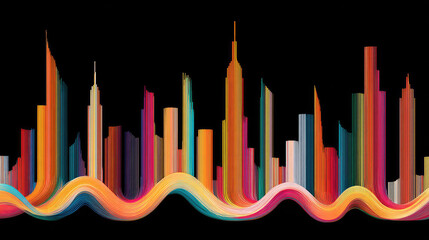 Obraz premium Colorful city skyline with vibrant wave lines on black background