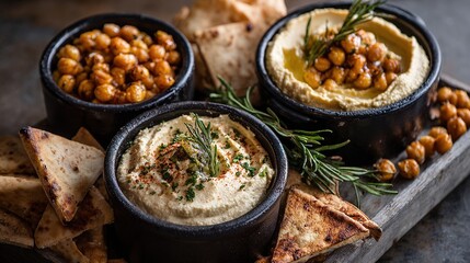 Hummus trio bowls with spiced chickpeas, herbs, and pita triangles on rustic wood