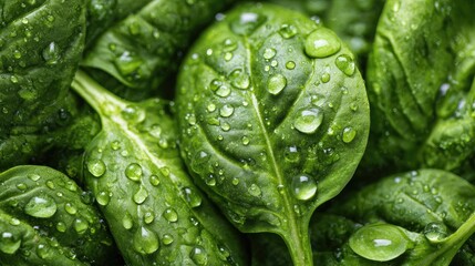 Close-up macro shot of water droplets on fresh spinach leaves