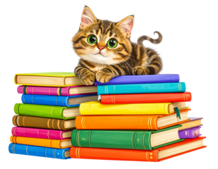 Adorable Cartoon Cat Sitting on a Stack of Colorful Books, isolated on transparent background PNG
