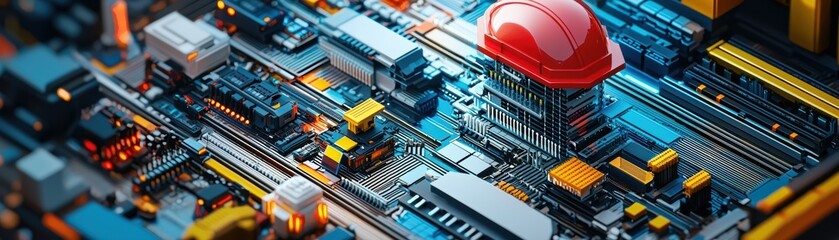 Fototapeta premium A vibrant, detailed close-up of a circuit board showcasing intricate components and a prominent red dome, AI-integrated Labour Day