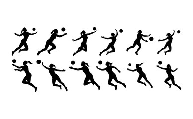 A collection of dynamic silhouettes of women playing volleyball.